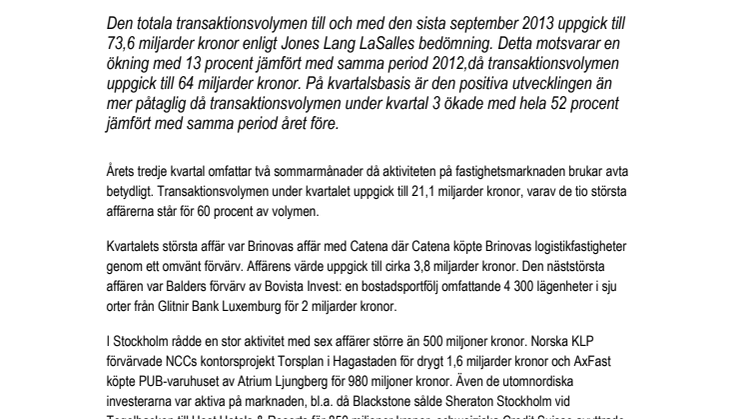 Starkt tredje kvartal på den svenska fastighetsmarknaden 