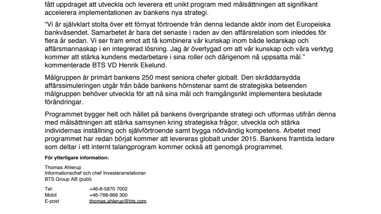 BTS Group AB tecknar avtal värt ca SEK 10 miljoner med en ledande Europeisk bank