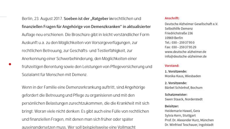 Ratgeber in rechtlichen und finanziellen Fragen bei Demenz - Broschüre der Deutschen Alzheimer Gesellschaft erklärt was zu tun ist