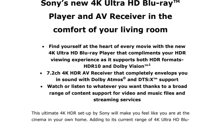 Sony lancerer ny 4K Ultra HD Blu-ray-afspiller og AV-Receiver