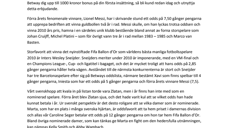 Odds på Guldbollen hos Betway