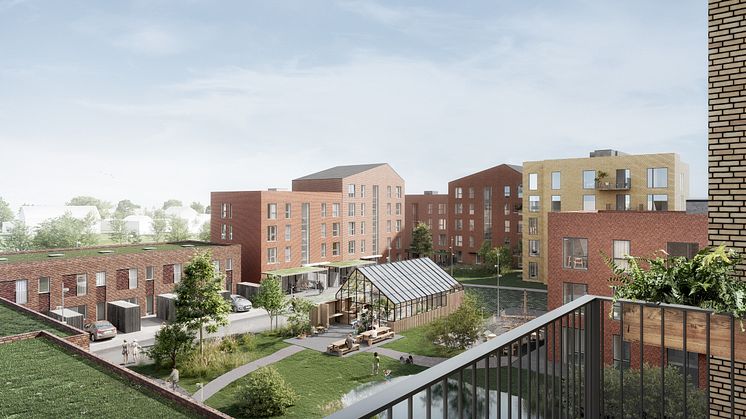 Det grønne gårdrum danner rammen om andelsforeningens fællesskab med legeplads, udekøkken og fælleshus (visualisering: tnt arkitekter/ nor3d)