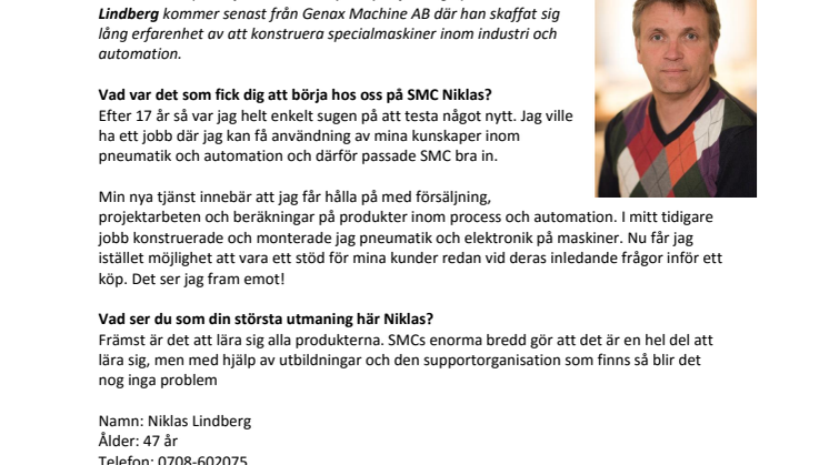 ​Niklas Lindberg ny säljare på SMC Pneumatics Växjö