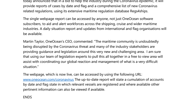 OneOcean provides live updates on the Coronavirus for the maritime community  