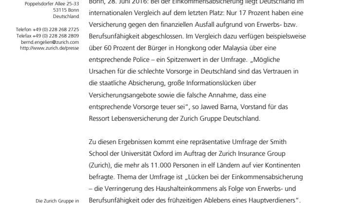 Internationale Studie: Deutsche sind Schlusslicht bei der Einkommensabsicherung