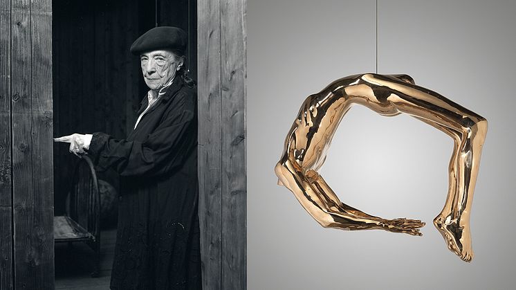 Louise Bourgeois ved skulpturen "Precious Liquids" (Coll: Centre Pompidou) i 1992. ©The Easton Foundation/BONO Foto © Sebastian Piras. Louise Bourgeois "Arch of Hysteria", 1993. © The Easton Foundation/BONO og VAGA at ARS, NY. Foto Christopher Burke