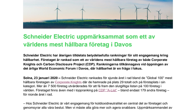 Schneider Electric uppmärksammat som ett av världens mest hållbara företag i Davos