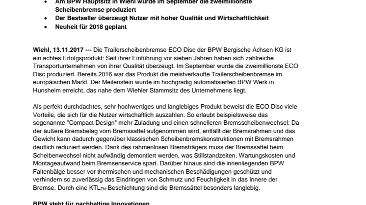 Zwei Millionen Stück produziert: ECO Disc ist derzeit meistgefahrene Trailerscheibenbremse im europäischen Markt
