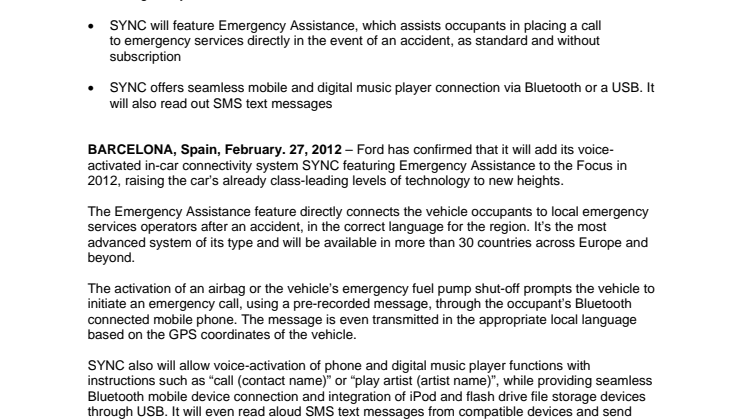 FORD INTRODUCERER SYNC - FØRENDE STEMMESTYRET TEKNOLOGI I SEGMENTET