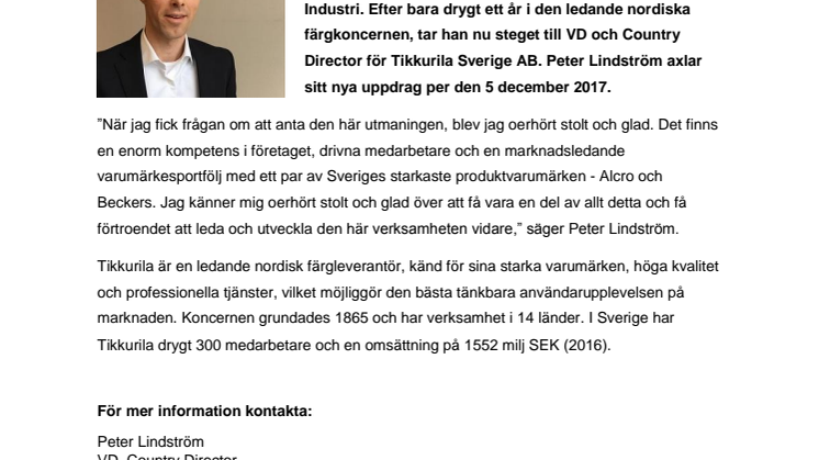Peter Lindström tar steget från försäljningsdirektör till VD för Tikkurila Sverige AB