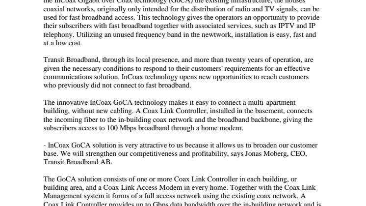 Transit Broadband selects InCoax for fast broadband access