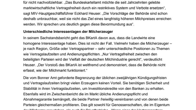 Kartellamt destabilisiert Molkereien - Schlussfolgerungen des BKartA-Sachstandsberichts nicht nachvollziehbar