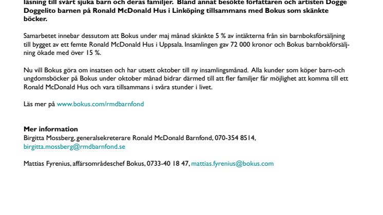 Bokus skänker intäkter från barnboksförsäljning till Ronald McDonald Barnfond 