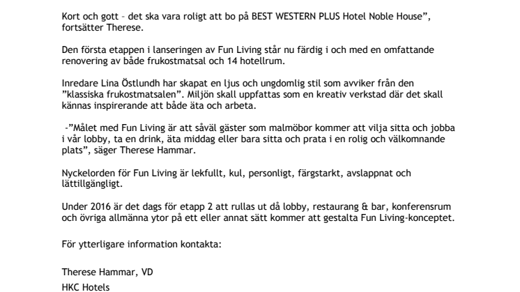 Nya konceptet ”Fun Living” smyglanseras på BEST WESTERN PLUS Hotel Noble House i Malmö