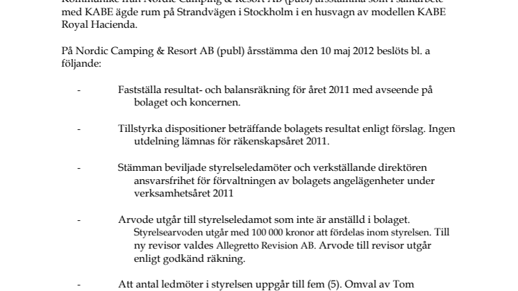 Kommuniké från Nordic Camping & Resorts årsstämma i KABE husvagn på Strandvägen