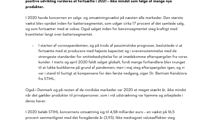 GOD VÆKST VED FREMLÆGGELSE AF REGNSKABSÅRET 2020 FOR STIHL KONCERNEN