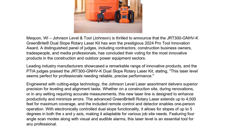 Johnson Level JRT300-GNHV-K PTIA Press Release.pdf