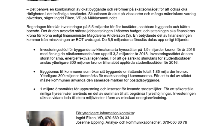 Mäklarsamfundet kommenterar höstbudgeten