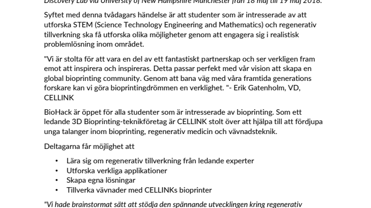 CELLINK ingår partnerskap med ARMI BioFab USA, UNH Manchester för regenerativtillverkningsevenemang