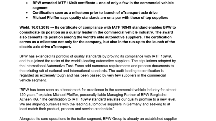 IATF certification ushers BPW into premier league of automotive suppliers