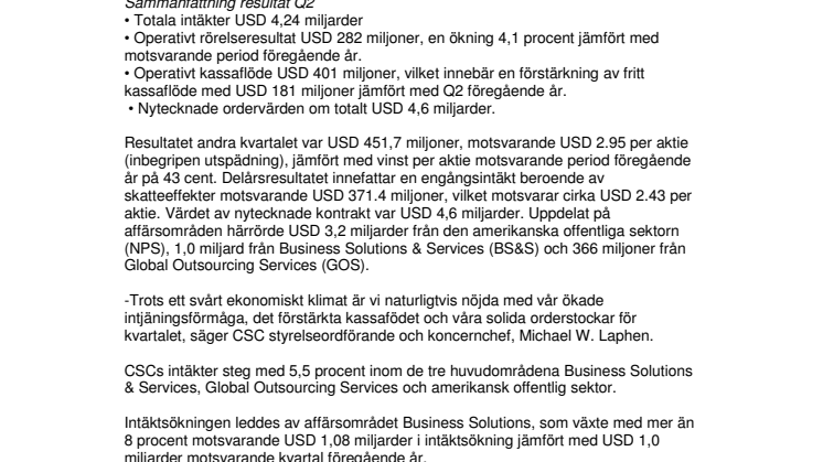 CSC rapporterar ökade intäkter och rörelsetillväxt andra kvartalet 2008 