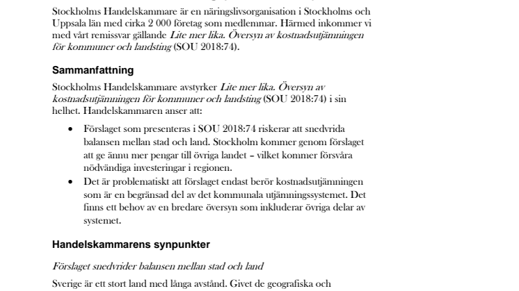Stockholms Handelskammares remissvar