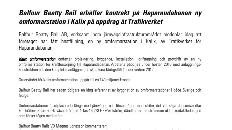 Balfour Beatty Rail hämtar hem kontrakt på Haparandabanan ny omformarstation i Kalix på uppdrag åt Trafikverket
