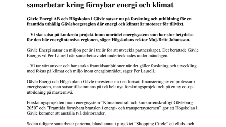 Gävle Energi och Högskolan i Gävle samarbetar kring förnybar energi och klimat