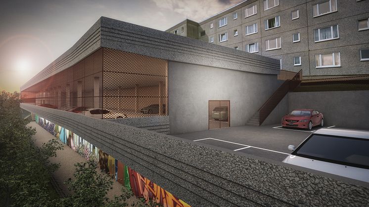 Nytt garage på Saturnusgatan med 130 meter lång graffitivägg        bild: Norconsult