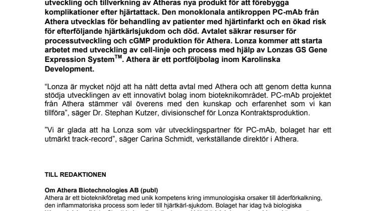 Athera tecknar nytt tillverkningsavtal för antikropp mot hjärtkärlsjukdom