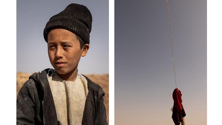  A portrait of Abdul*, 9, alongside a photo he has taken of the sky.