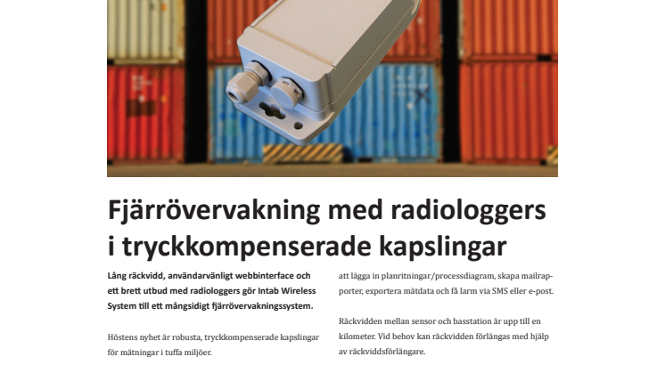 Fjärrövervakning med radiologgers i tryckkompenserade kapslingar
