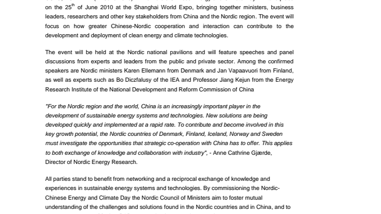 Nordic-Chinese Energy & Climate Day at World Expo in Shanghai
