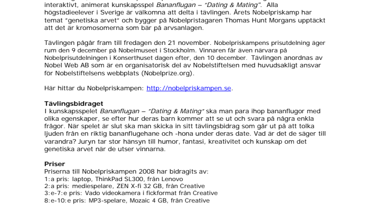 Nobelpriskampen 2008 – en utmaning för svenska högstadieelever