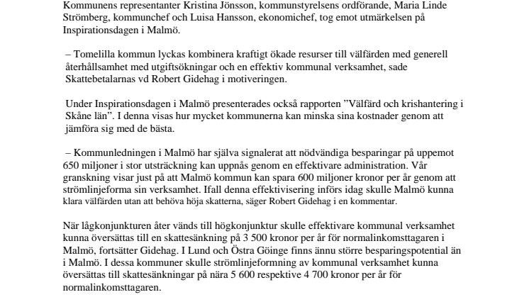 Tomelilla ett föredöme bland skånska kommuner