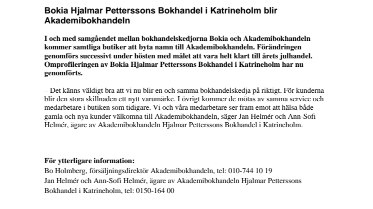 Bokia Hjalmar Petterssons Bokhandel i Katrineholm blir Akademibokhandeln 