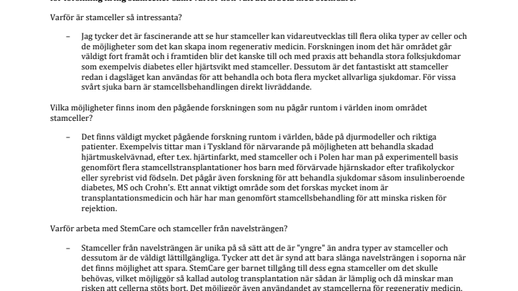 StemCare har en ny Medical Advisor i Sverige
