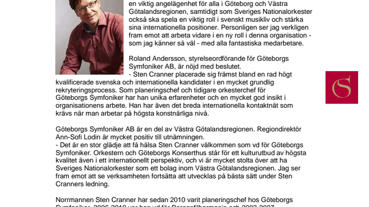 Sten Cranner ny vd för Göteborgs Symfoniker AB