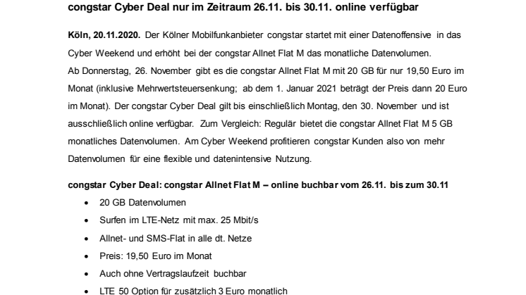 CyberTastisches Angebot bei congstar: Allnet Flat M mit 20 GB für 19,50 Euro 
