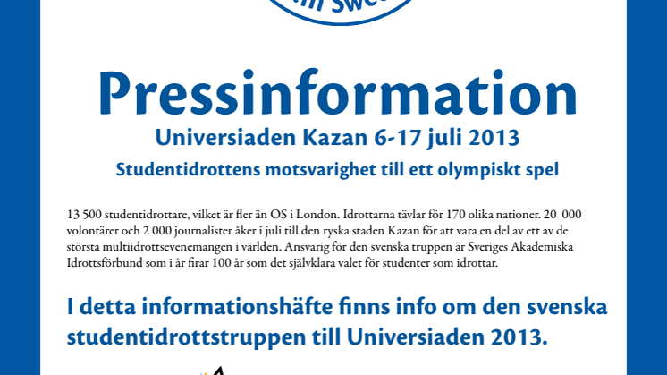 Pressinfo - Svenska truppen till Universiaden i Kazan 2013