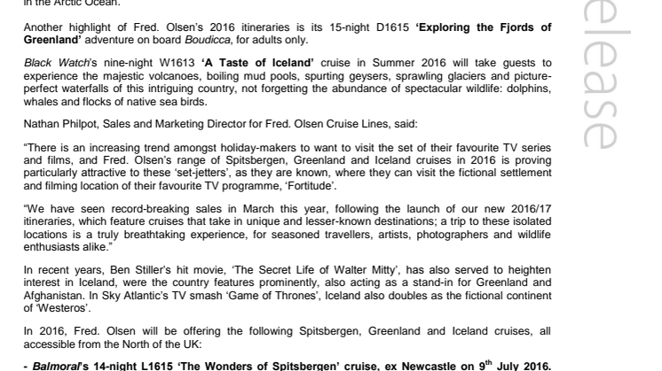TV blockbuster ‘Fortitude’ ‘drives sales North’ at Fred. Olsen Cruise Lines, as Spitsbergen, Greenland and Iceland are top-sellers for 2016