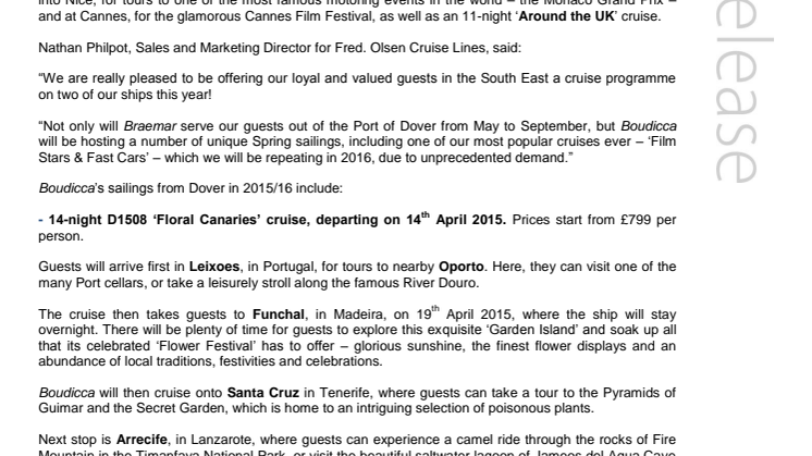 Fred. Olsen Cruise Lines’ Boudicca to commence cruise season from Dover in Spring 2015