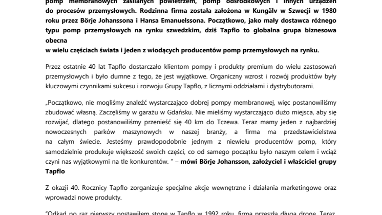 Tapflo – Podróż która rozpoczęła się 40 lat temu w Szwecji