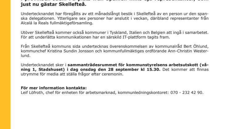 Skellefteå kommun undertecknar överenskommelse om samarbete med Alcalá la Real