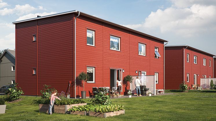 Illustration av trädgårdssida med gräsmatta och uteplats, parhusen i BoKlok Biodlaren, Göta, Lilla Edet. 