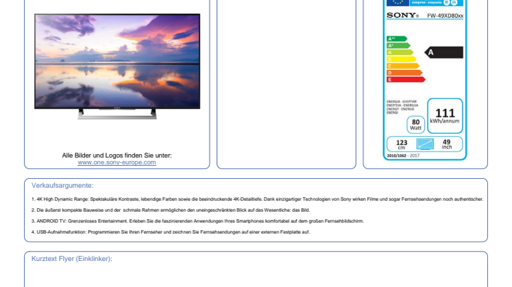 Datenblatt BRAVIA KD-49XD8005BAEP von Sony