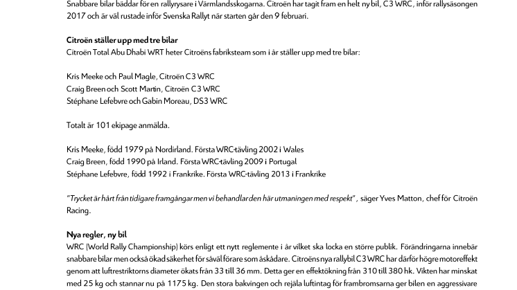 SVENSKA RALLYT 2017: Citroën satsar fullt i Värmlandsskogarna med nya C3 WRC