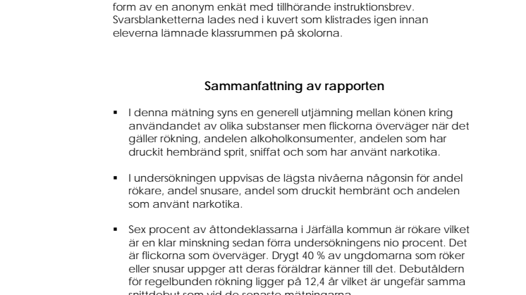 Sammanfattning ungdomars drogvanor i Järfälla kommun år 8 2010