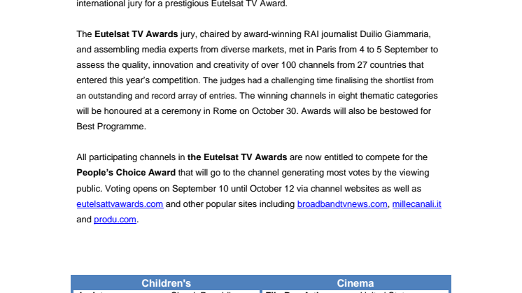 Finalists announced for the Eutelsat TV Awards 2015! 
