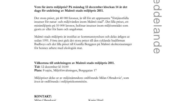 Vem får Malmö stads miljöpris 2011?